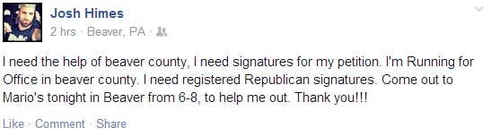 Josh Himes announces his candidacy in a Facebook post